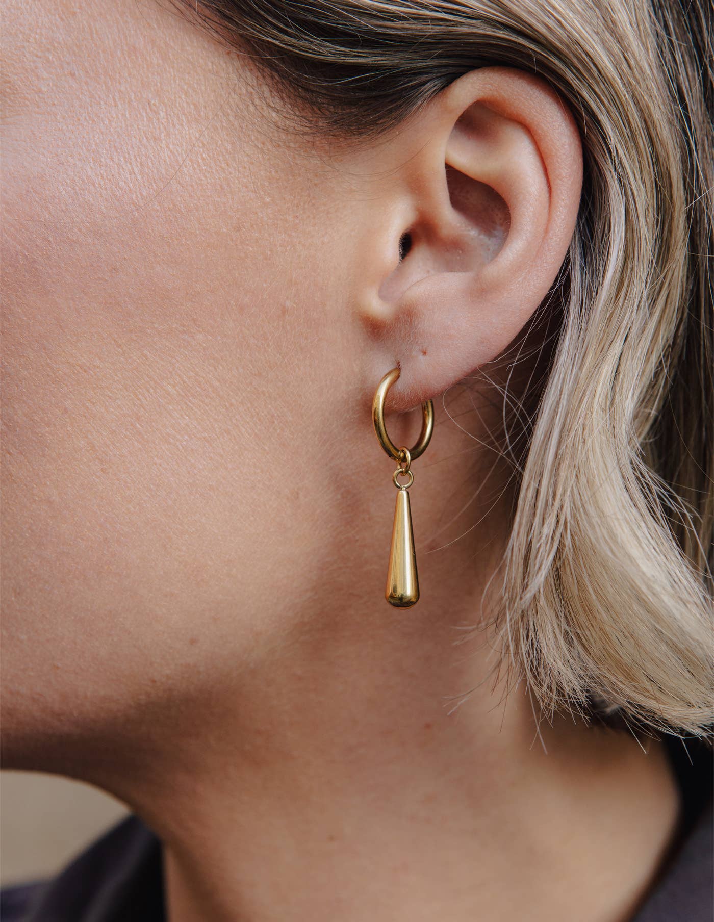 Gold Elongated Drop Earrings, Waterproof