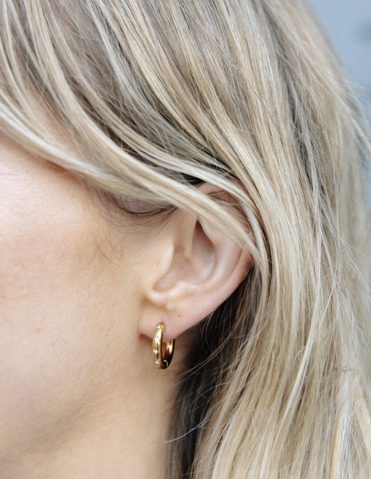 Gold Small Stone Embossed Hoop Earrings, Waterproof