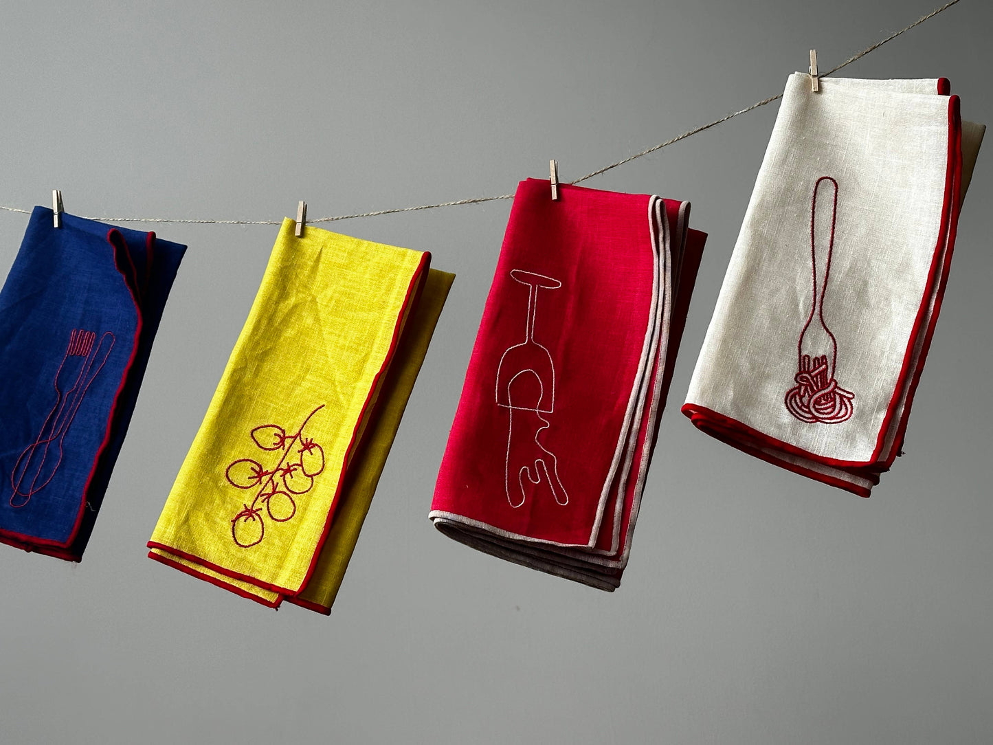 Linen Blend Embroidered Napkins - Spaghetti - Set of 2