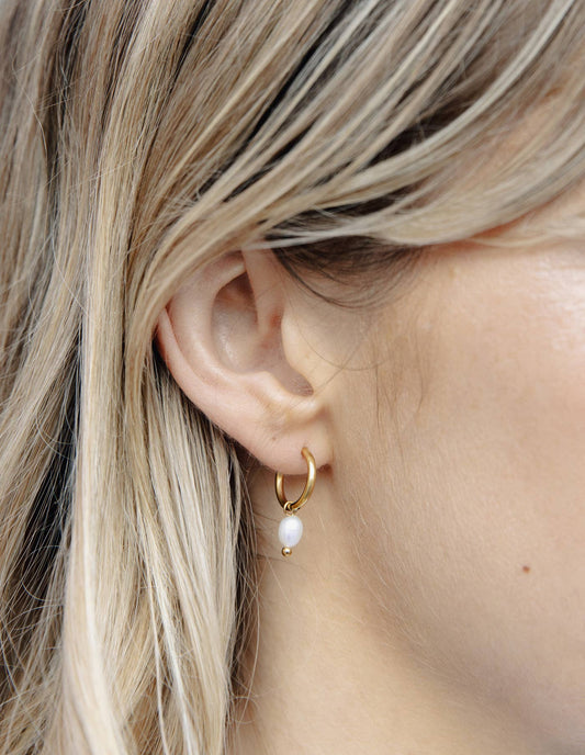 Gold Pearl Drop Hoop Earrings, Waterproof