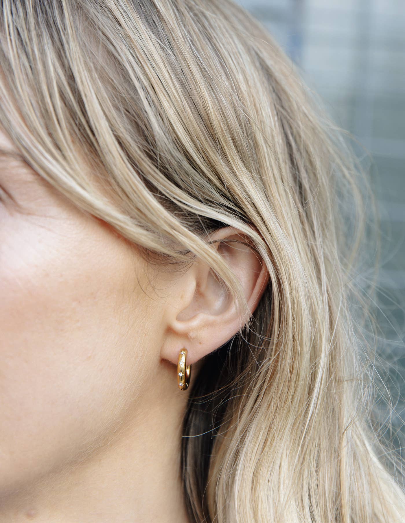 Gold Small Stone Embossed Hoop Earrings, Waterproof