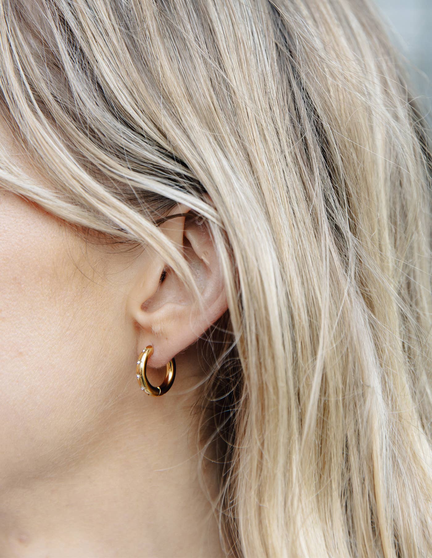 Gold Small Stone Embossed Hoop Earrings, Waterproof